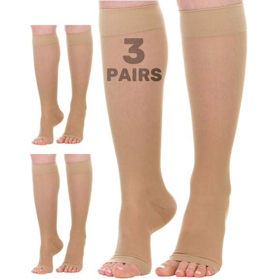 3 Pairs Women Toeless Sheer Support Socks for Circulation 20-30mmHg Beige Large