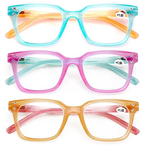 3 Pairs Women Translucent Pastel 2-Tones Reading Glasses With Rhinestones - Clear Lens Reader DR06 +1.50