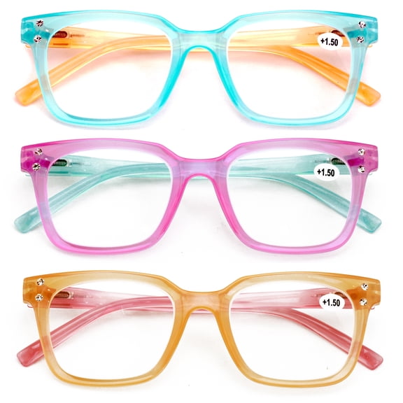 3 Pairs Women Translucent Pastel 2-Tones Reading Glasses With Rhinestones - Clear Lens Reader DR06 +2.00