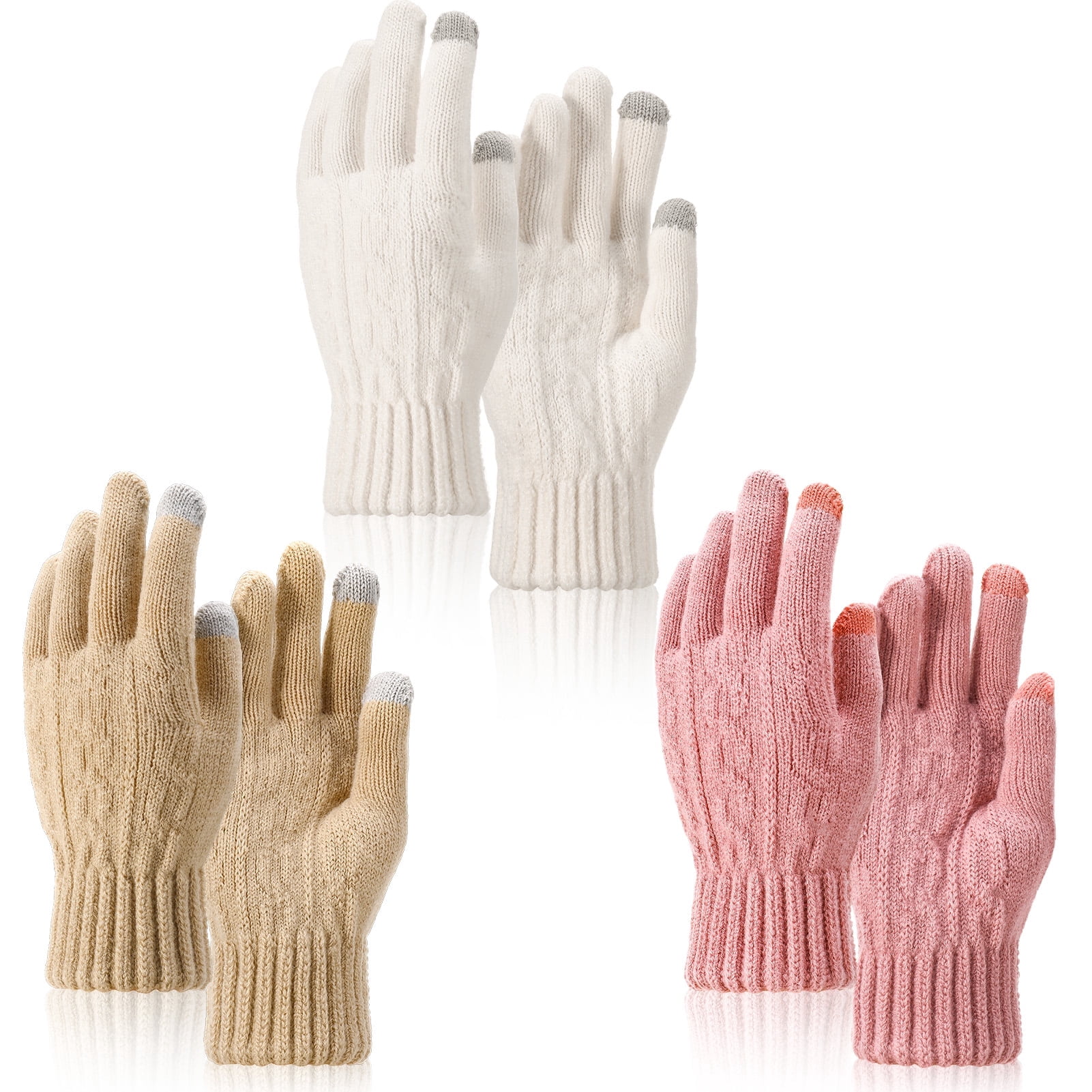 3 Pairs Winter Gloves for Women, Thermal Knitted Touchscreen Gloves for Women, 3 Colors Warm Elastic Cuff Gloves, Skiing Shoveling Snow Gloves for Cold Weather 