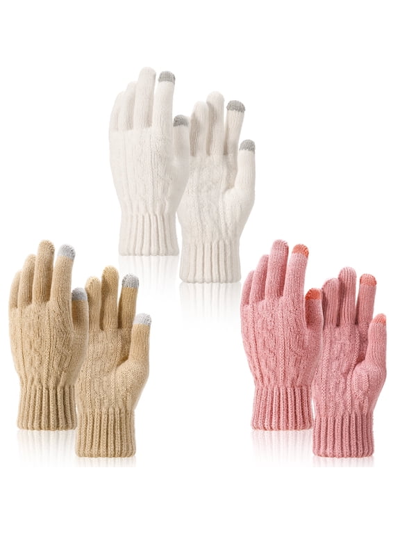 3 Pairs Winter Gloves for Women, Thermal Knitted Touchscreen Gloves for Women, 3 Colors Warm Elastic Cuff Gloves, Skiing Shoveling Snow Gloves for Cold Weather Outdoors