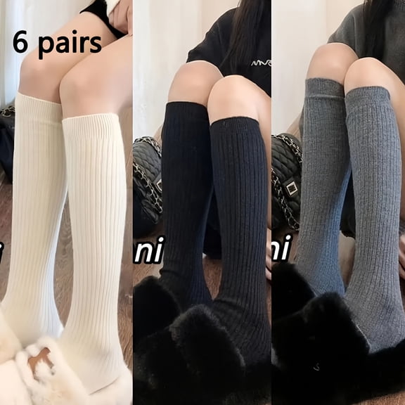 3 Pairs Women’s Calf & Knee-High Socks for Skirts and Dresses – Solid Black White Gray Tube Socks – Cozy Slim Leg Fit for Winter, Spring & Fall Style