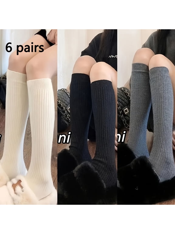 3 Pairs Women’s Calf & Knee-High Socks for Skirts and Dresses – Solid Black White Gray Tube Socks – Cozy Slim Leg Fit for Winter, Spring & Fall Style