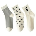 thumbnail image 1 of 3 Pairs Women's Crew Socks in Cotton Blend Ribbed Cuff Assorted Stripes Dots Letter Graphic Print Design - 3 pairs-A, 1 of 7