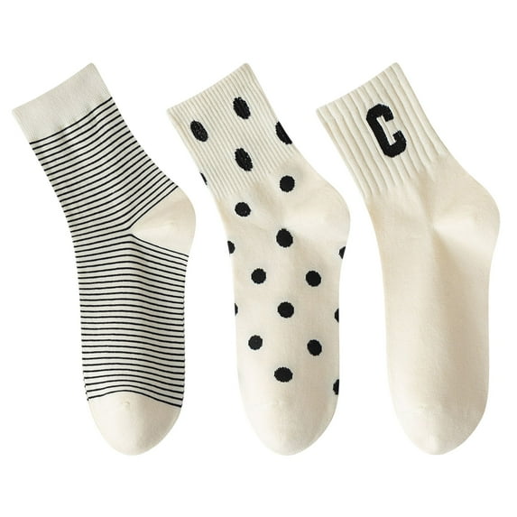 3 Pairs Women's Crew Socks in Cotton Blend Ribbed Cuff Assorted Stripes Dots Letter Graphic Print Design - 3 pairs-A