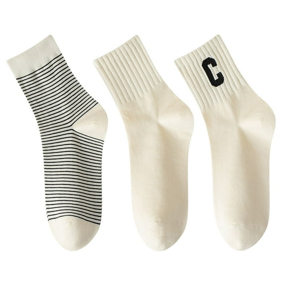 3 Pairs Women's Crew Socks in Cotton Blend Ribbed Cuff Assorted Stripes Dots Letter Graphic Print Design - 3 pairs-C