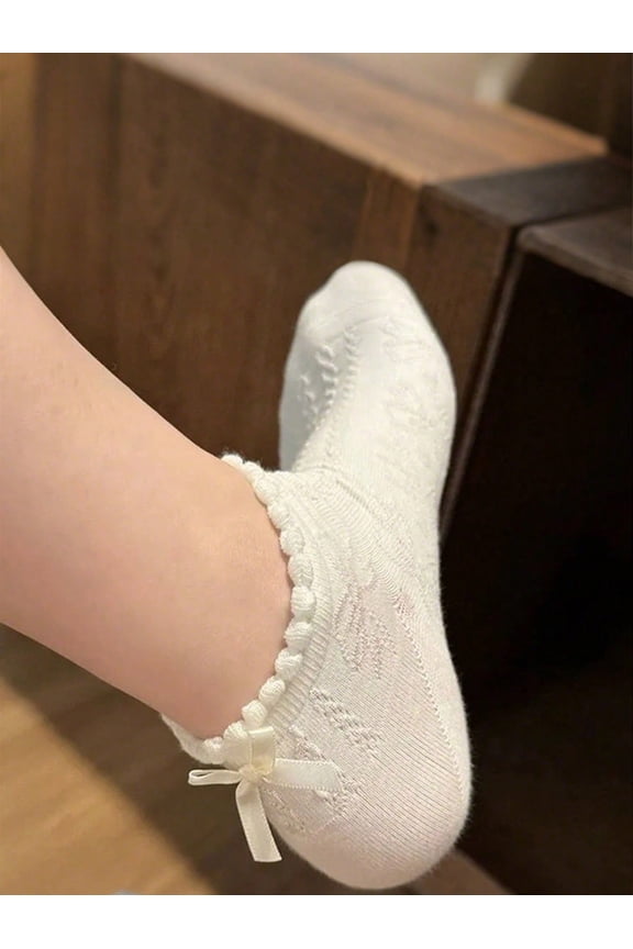 3 Pairs Women's Elegant Sweet Classic Black & White Floral Lace Trim Bow Accent Short Socks, Versatile For Daily Wear