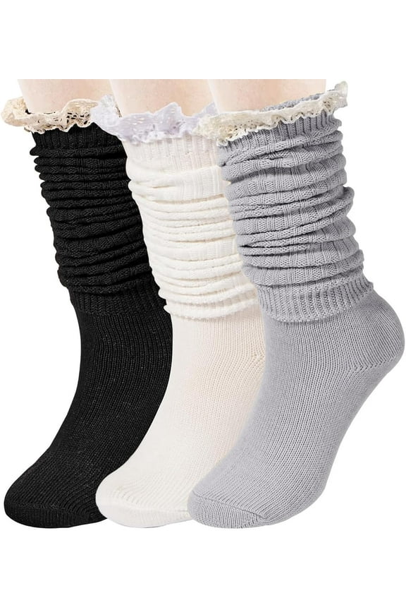 3 Pairs Women's Lace Top Slouch Socks, Soft Knee High Scrunch Slouchy Socks,Vintage Knit Tube Long Socks Boot Socks for Women Size 5-11