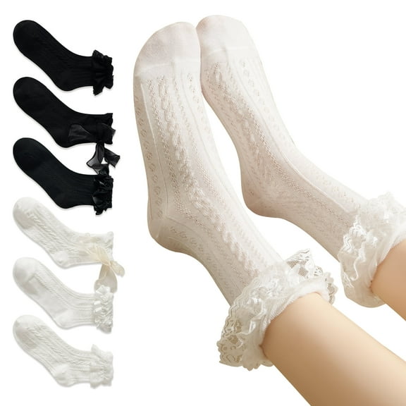 LDU Ruffle Socks for Women, Breathable Cotton Crew, 6 Pair Pack
