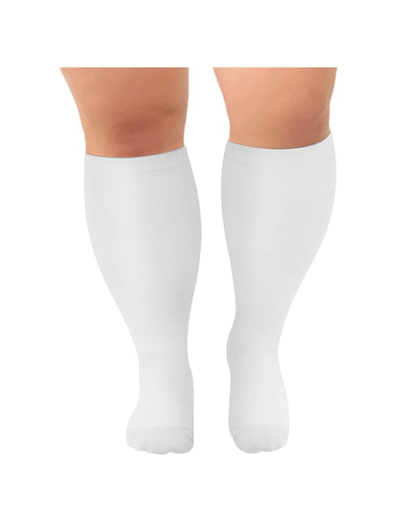 3 Pairs Women's Plus Size Wide Calf Compression Socks High Elastic Solid Color All Season Athletic Sports Stockings for Outdoor Active Daily Wear(White,XXXL)