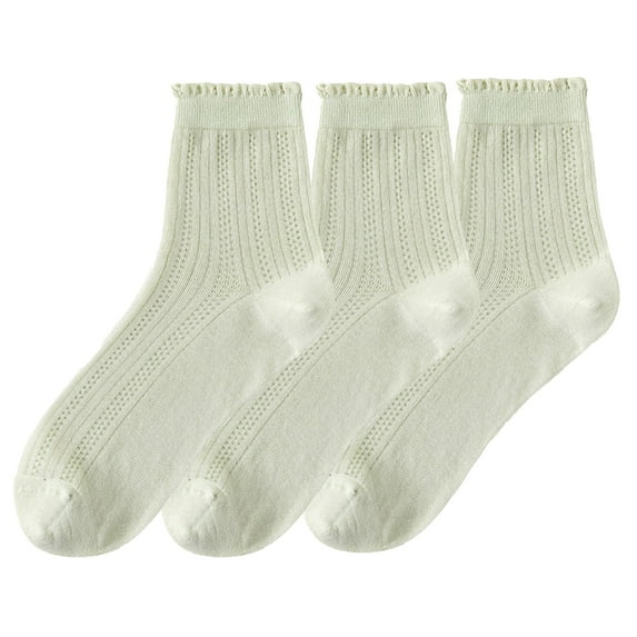 3 Pairs Women's Ruffle Trim Crew Socks Soft Cotton Knit Lightweight Ribbed Texture with Scalloped Edge for Everyday Wear - Green