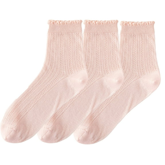 3 Pairs Women's Ruffle Trim Crew Socks Soft Cotton Knit Lightweight Ribbed Texture with Scalloped Edge for Everyday Wear - Pink