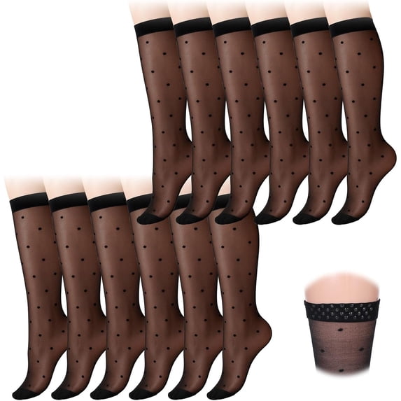 3 Pairs Women's Sheer Knee High Stockings, Black Dot Thin Socks, Stretchy Breathable Socks