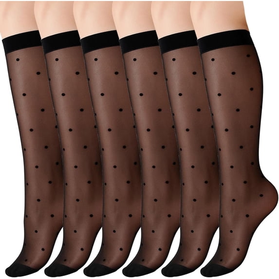 3 Pairs Women's Sheer Knee High Stockings, Black Dot Thin Socks, Stretchy Breathable Socks