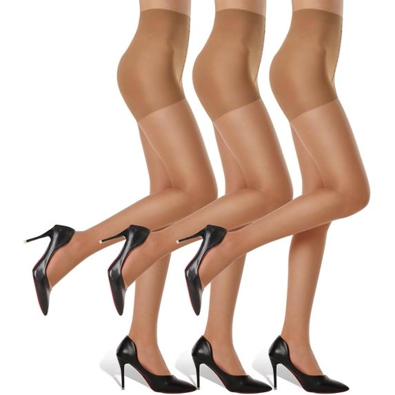 3 Pairs Women's Sheer Tights - 20D Control Top Pantyhose with Reinforced Toes