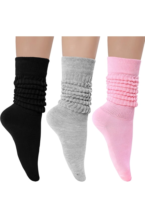3 Pairs Women's Slouch Socks Cotton Knit Knee High Tube Scrunch Sock Size 6-11