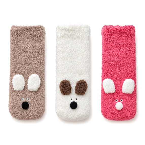 3 Pairs Women's Ultra Thick Fleece Lined Floor Socks, Polyester Cute Dog Cartoon Warm Mid Calf Sleep Socks for Fall Winter Indoor Lounging