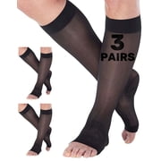 3 Pairs Womens Compression Stockings with Open Toe 15-20mmHg Black, 5X-Large