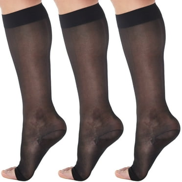 (3 Pairs) Womens Compression Stockings with Open Toe 15-20mmHg - Black, 5XL