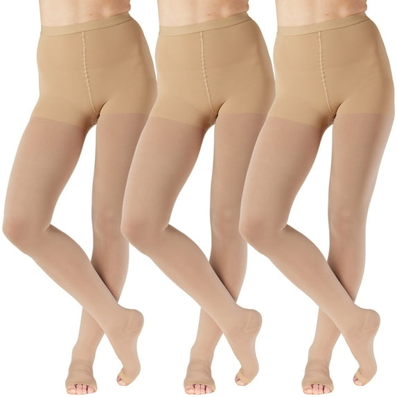 (3 Pairs) Womens Compression Tights 20-30mmHg with Open Toe - Beige, XL