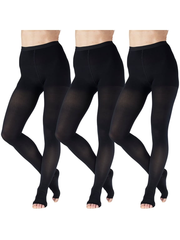 (3 Pairs) Womens Compression Tights 20-30mmHg with Open Toe - Black, XL