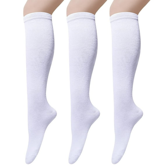 3 Pairs Womens Cotton Knee High Socks, Causal Soild Stripe Tube Knee Socks