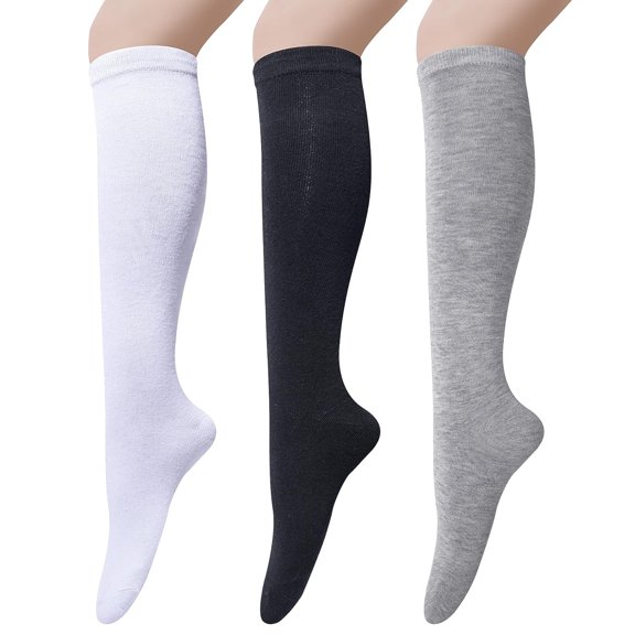 3 Pairs Womens Cotton Knee High Socks, Causal Soild Stripe Tube Knee Socks