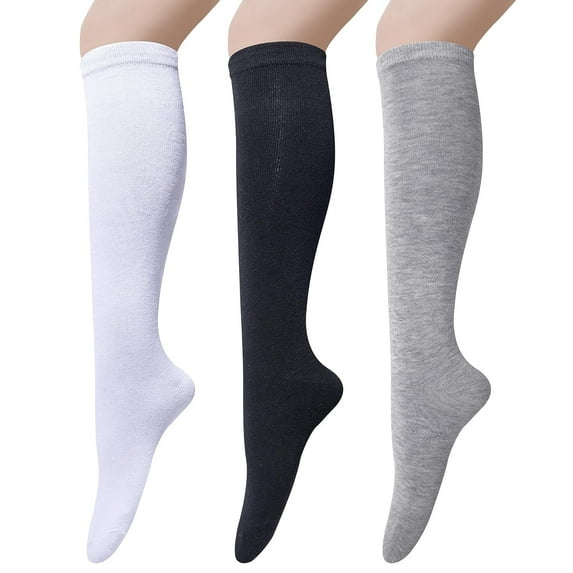 3 Pairs Womens Cotton Knee High Socks, Causal Soild Stripe Tube Knee Socks