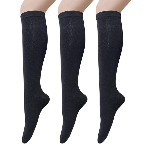 3 Pairs Womens Cotton Knee High Socks, Causal Soild Stripe Tube Knee Socks