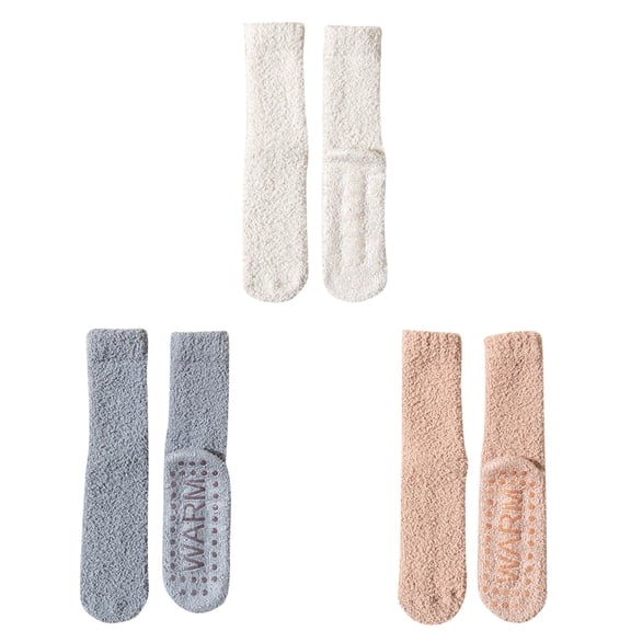 3 Pairs Womens Fuzzy Socks Winter Sleeping Floor Non Slip Silicone Bottom Mid Calf Socks Thickened Warm Coral Velvet Sleep Socks