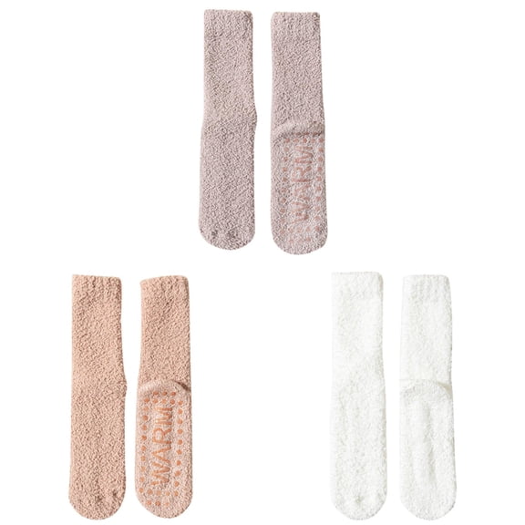 3 Pairs Womens Fuzzy Socks Winter Sleeping Floor Non Silicone Bottom Mid Calf Socks Thickened Warm Coral Velvet Sleep Socks