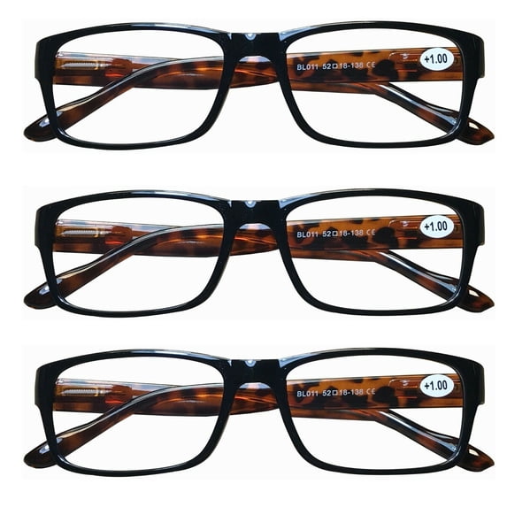 3 Pairs Womens Mens Unisex Rectangular Blue Light Blocking Reading Glasses Spring Hinge Readers +3.00