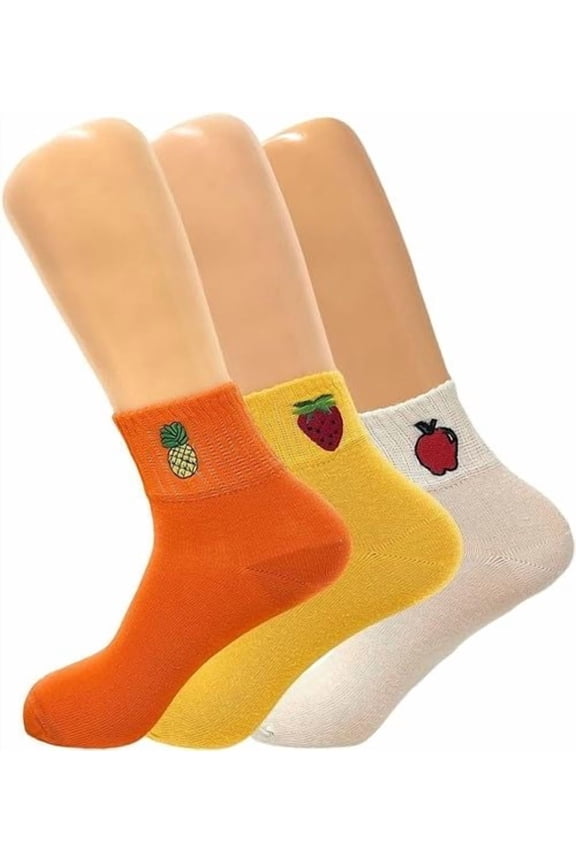 3 Pairs Womens Pure Cotton Mini Crew Socks, Lightweight Breathable Fruit Embroidery Casual Ankle Socks One size