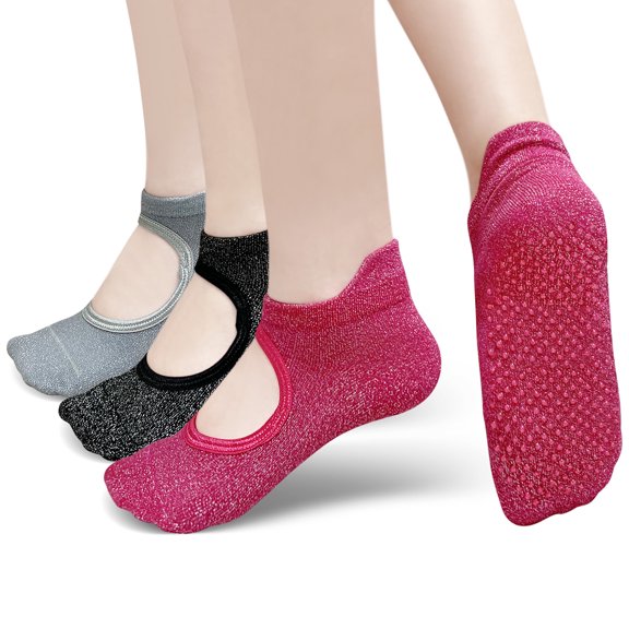 3 Pairs Yoga Socks Women Non-Slip Grip Socks Cotton Barre Pilates Socks for Dance ,Barefoot ,Workout ,Size 5-9