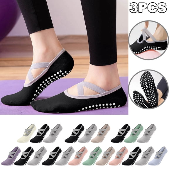 3 Pairs Yoga Socks with Grips for Women Non Slip Pilates Socks with Grippers on Bottom Grippy non skid Barre Hospital Purple Free Size