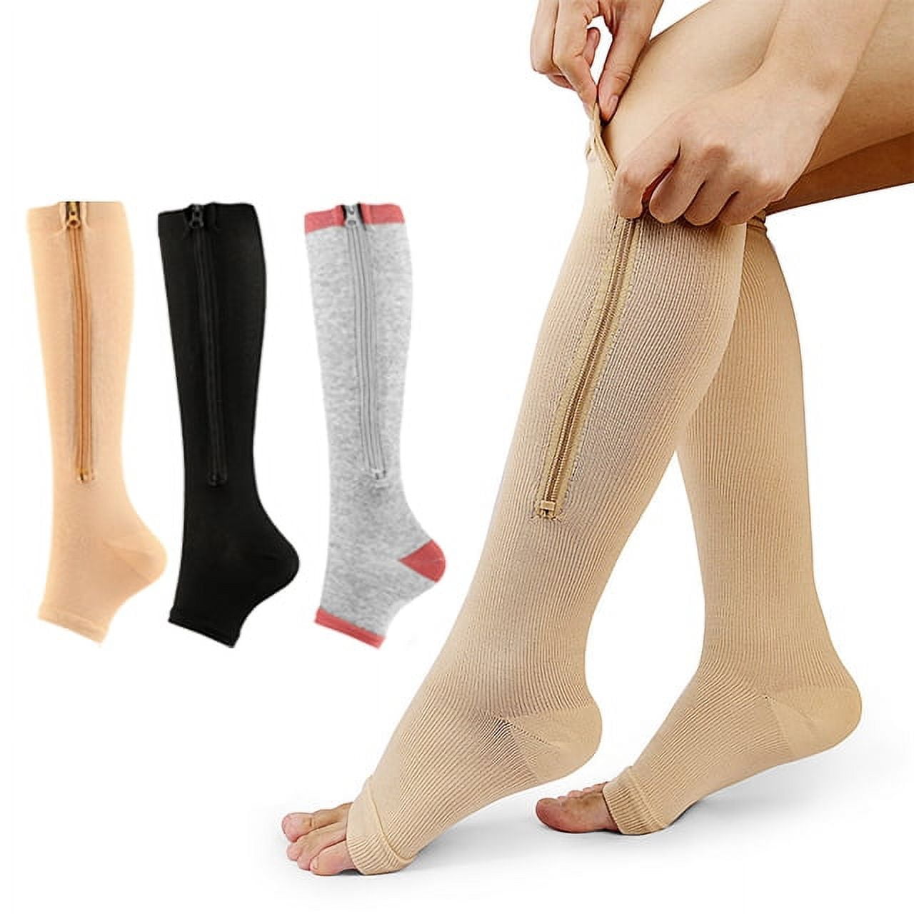 3 Pairs Zipper Compression Socks Open Toe Knee High Graduated