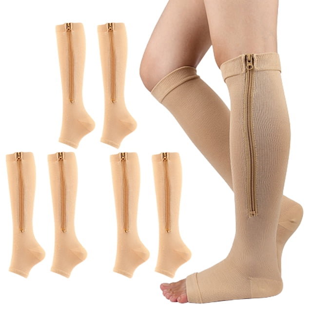 3 Pairs Zipper Compression Socks Open Toe Knee High Graduated