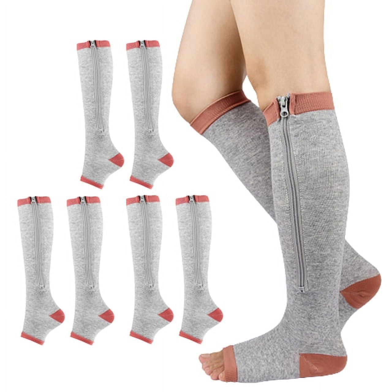 3 Pairs Zipper Compression Socks Open Toe Knee High Graduated