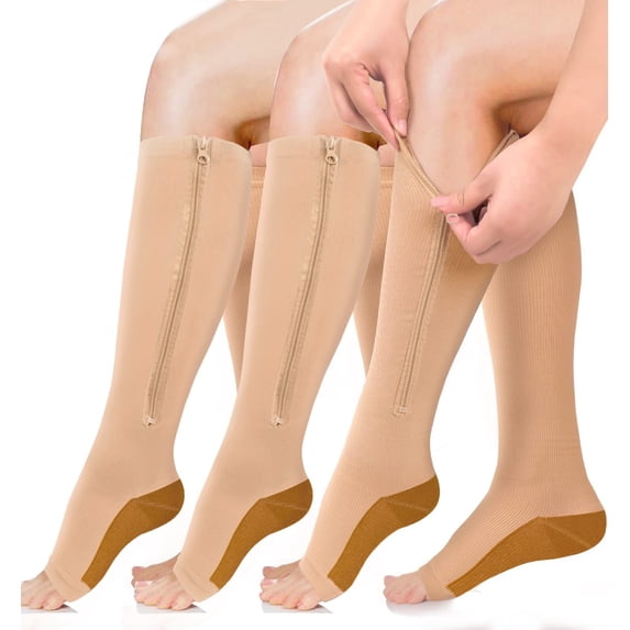 3 Pairs Zipper Open Toe Copper Compression Socks for Women & Men Circulation 15-20 mmhg - Better Blood Flow, Swelling, Best Support for Medical, Running, Nursing
