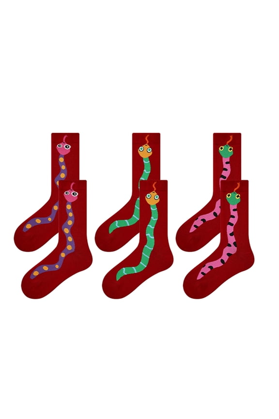 3 Pairs Zodiacs Snake Year Cotton Socks for Women Festival Celebrations Chinese New Year Holiday Cartoon Calf Socks