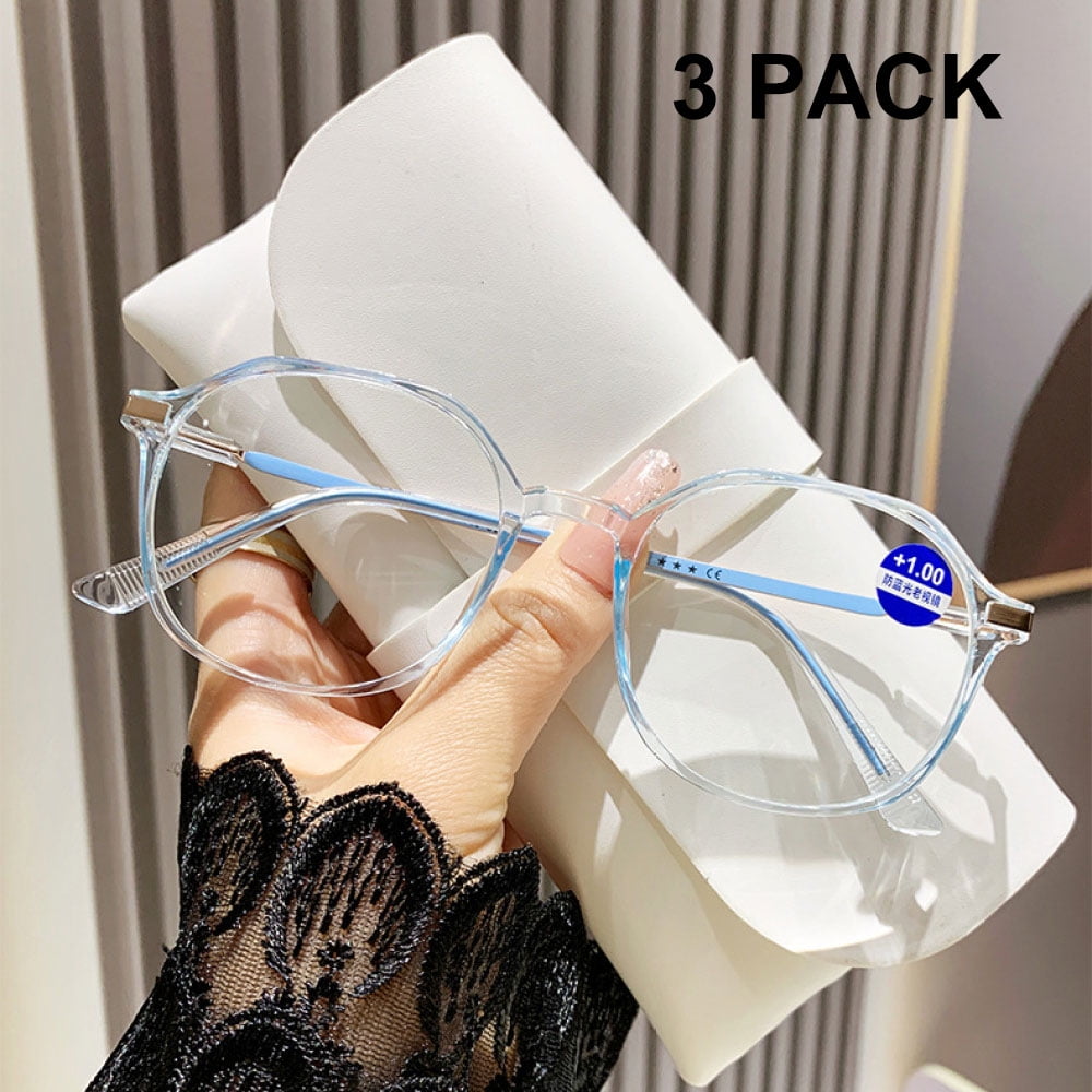 3 Pairs of Anti-blue Light Transparent Blue Reading Glasses 4.00 Fashionable Lightweight Readers for Women Square Oversized Presbyopic Glasses +4.00