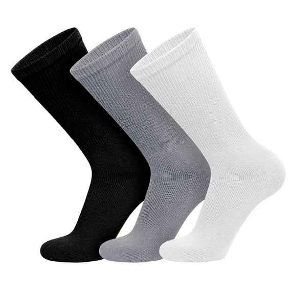 3 Pairs of Big and Tall Diabetic Cotton Neuropathy Crew Socks (Black/White/Gray, Sock Size 13-16)