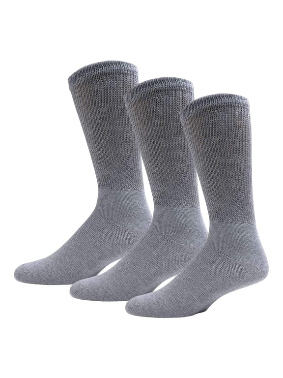 3 Pairs of Big and Tall Diabetic Cotton Neuropathy Crew Socks (Gray, Sock Size 13-16)