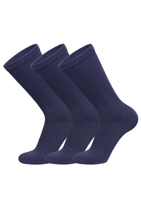 3 Pairs of Big and Tall Diabetic Cotton Neuropathy Crew Socks (Navy, Sock Size 13-16)