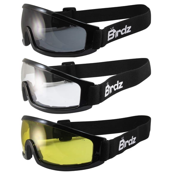 Birdz Eyewear Robin Sport Skydiving Snowboarding Motorcycle Riding Goggles 3 Pairs Black Frames with Clear Smoke Yellow Lenses