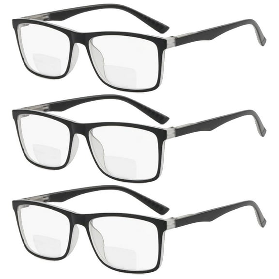 3 Pairs of Black Gray Retro Rectangle Bifocal Reading Glasses 2.00 for men, Classic Presbyopic Glasses Spring Hinge Readers +2.00