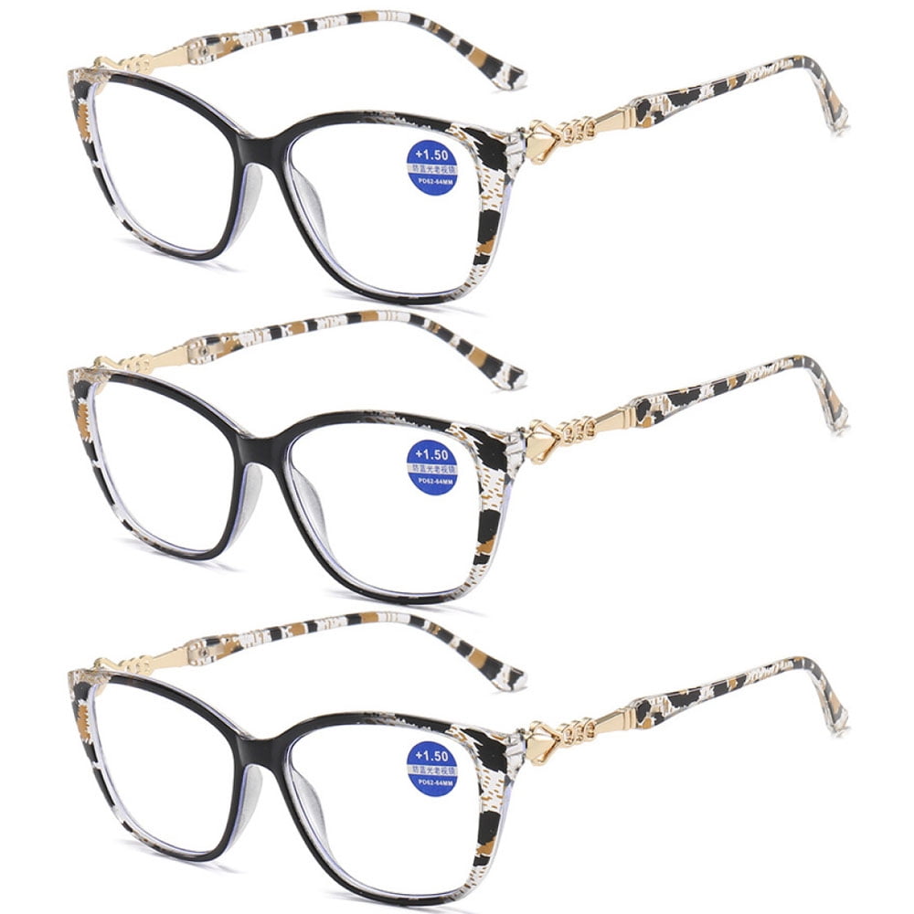 3 Pairs of Black Leopard Print Square Oversized Reading glasses Blue Light Blocking Metal Presbyopic Glasses Readers for Women +3.00