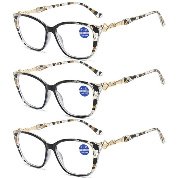 3 Pairs of Black Leopard Print Square Oversized Reading glasses Blue Light Blocking Metal Presbyopic Glasses Readers for Women +3.00