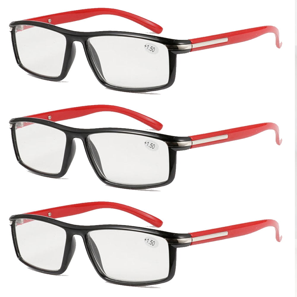 3 Pairs of Black Red Resin Classic Reading Glasses 4.00, Plastic Rectangle Sport Business Readers 4.00 for Men