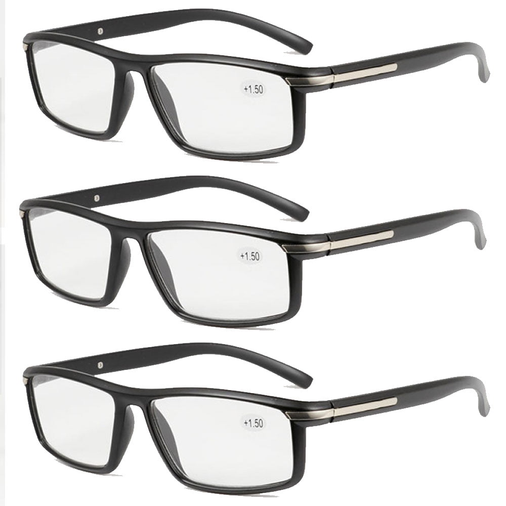 3 Pairs of Black Resin Classic Reading Glasses 3.00, Plastic Rectangle Sport Business Readers 3.00 for Men